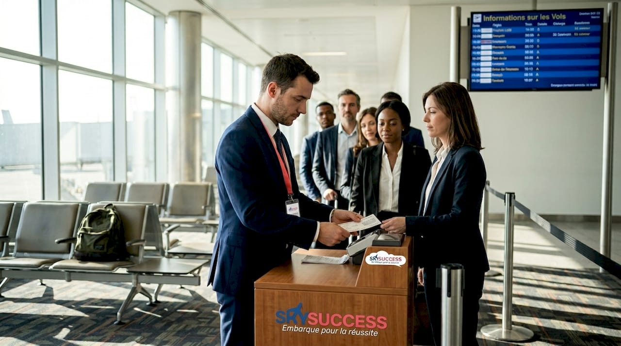 Un agent vérifie les cartes d'embarquement à la porte avant l'accès à l'avion.