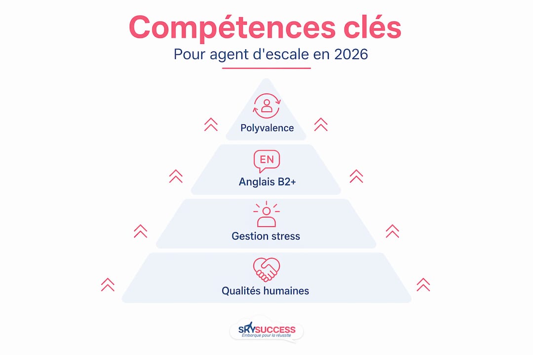 Présentation visuelle des compétences clés d'un agent d'escale, organisée par niveau d'importance