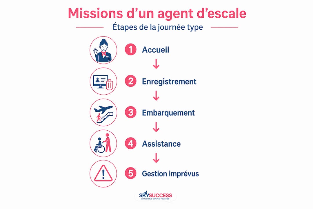 Visuel vertical présentant les principales missions d'un agent d'escale