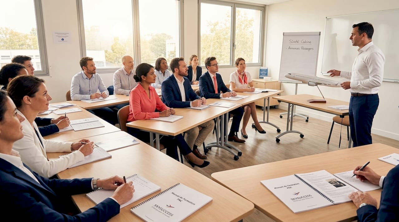 Des adultes en formation pour devenir hôtesses et stewards de l'air, réunis en salle de cours.