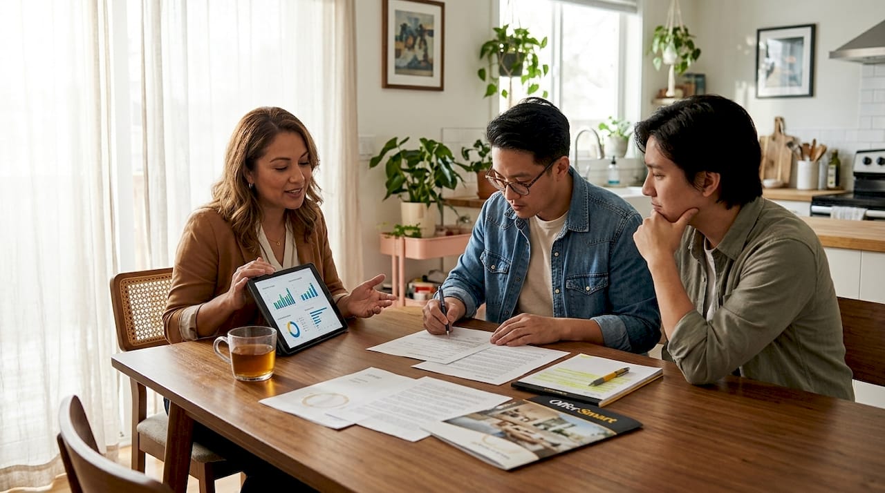 Homebuyers and agent negotiating at kitchen table