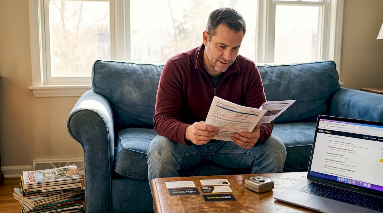 Homebuyer reviewing inspection report in living room