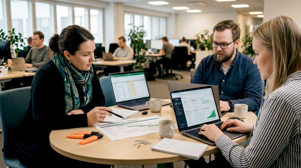 Tiimi käy läpi pk-yrityksen projektin tilastotietoja yhdessä.