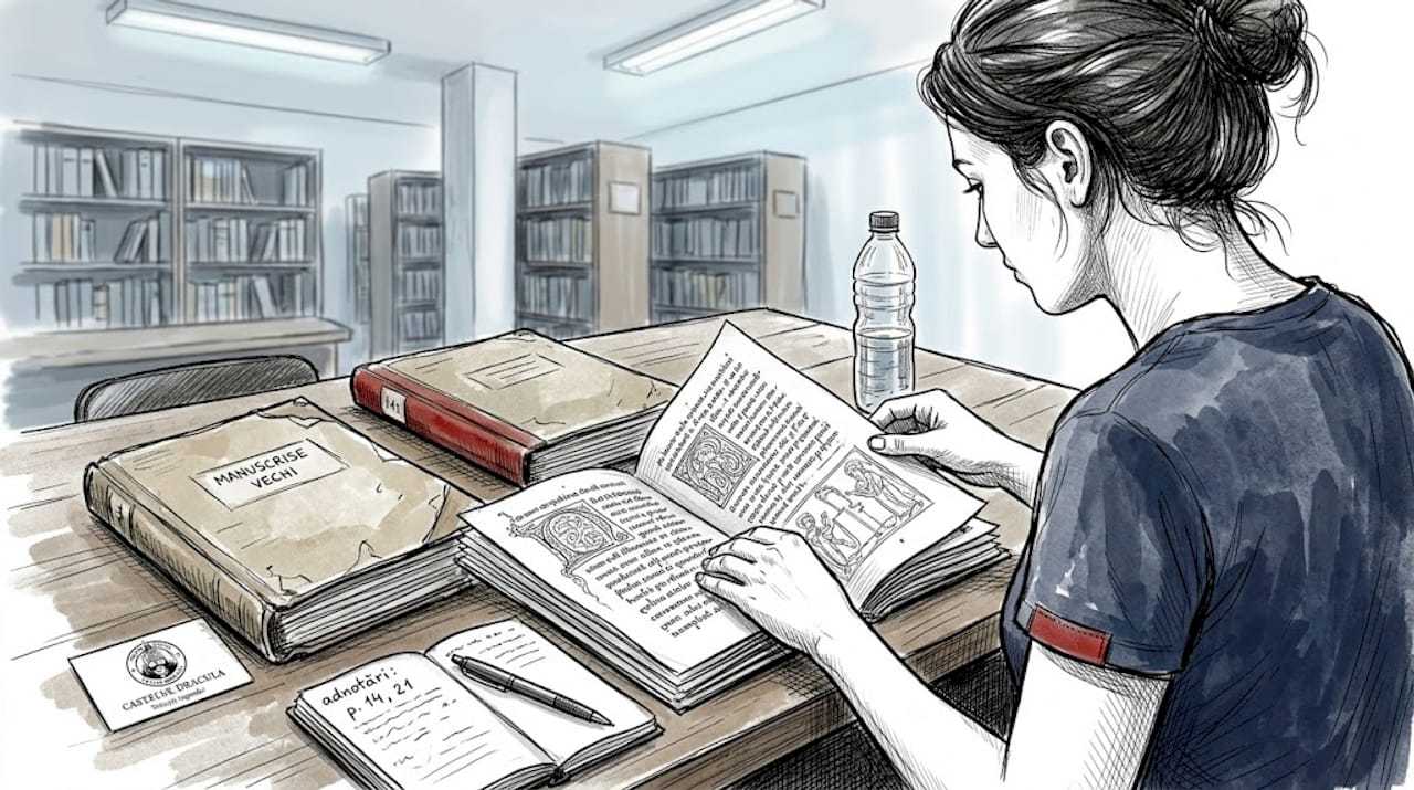 Un ricercatore sfoglia antichi manoscritti medievali nella quiete di un archivio.
