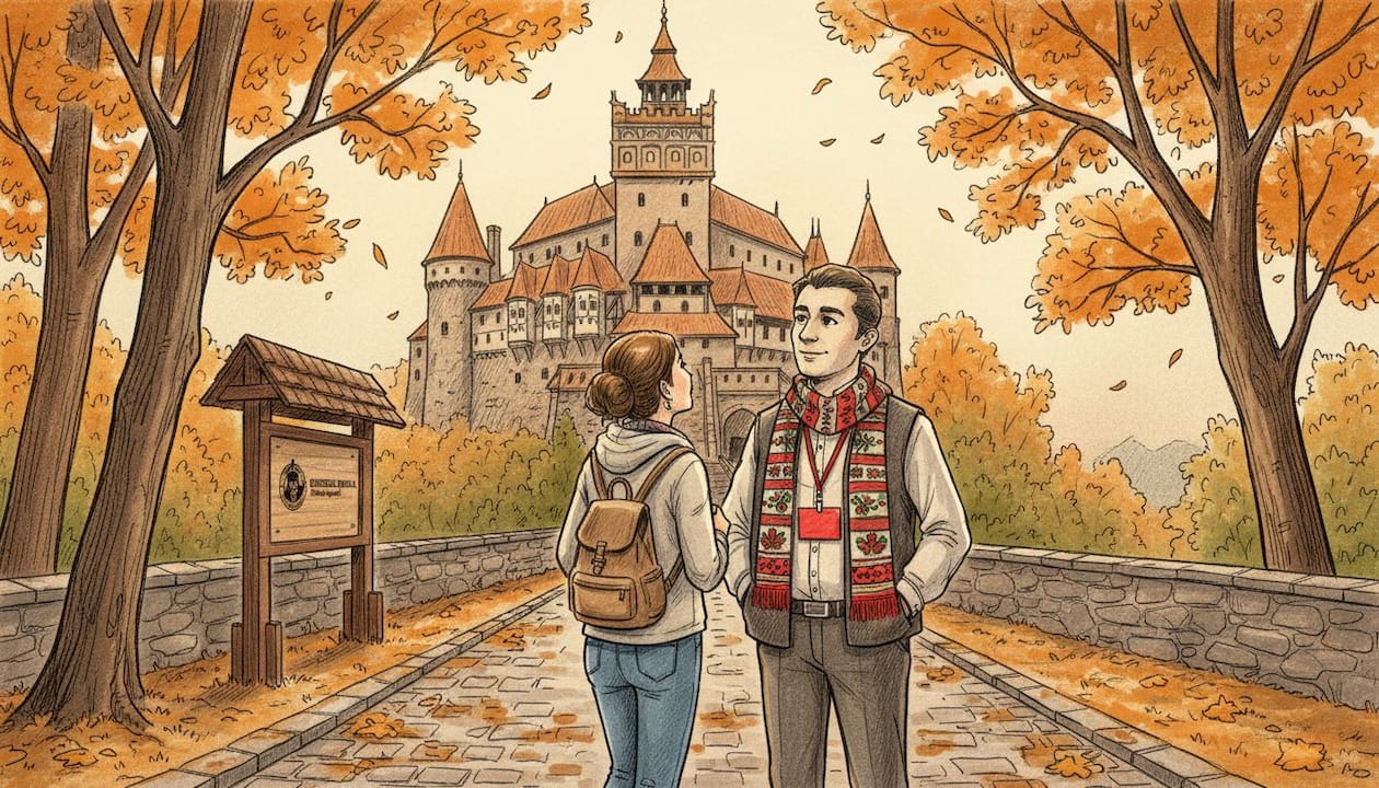 Un turist fascinat de măreția Castelului Bran, cunoscut drept reședința lui Dracula, admiră peisajul spectaculos din inima Transilvaniei.