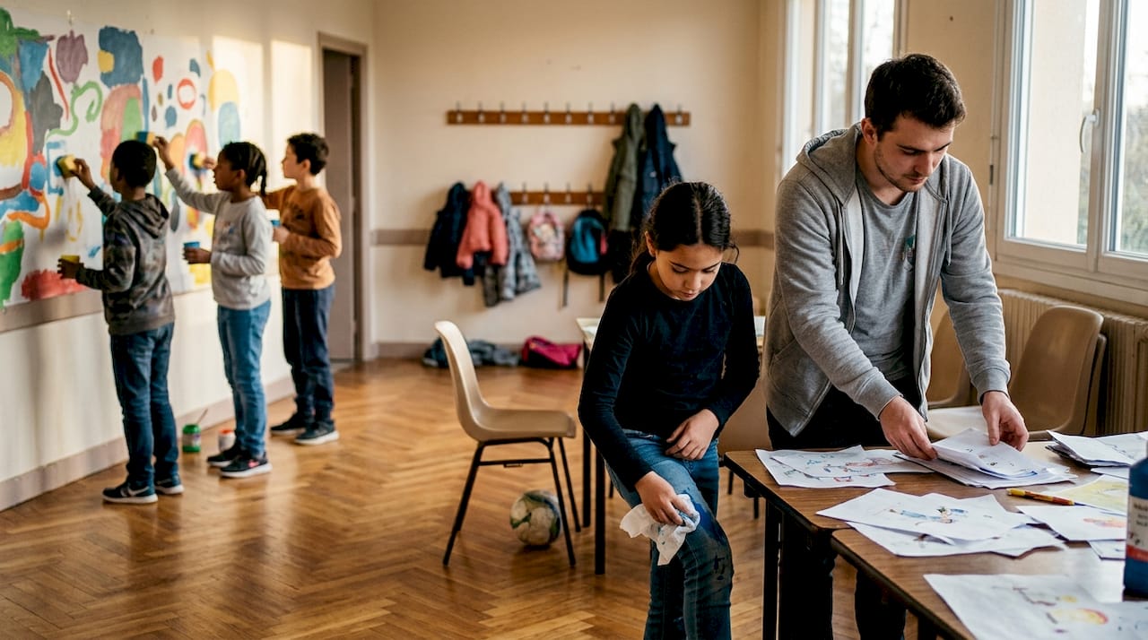Un animateur partage un moment de création avec les enfants lors d’un atelier artistique.