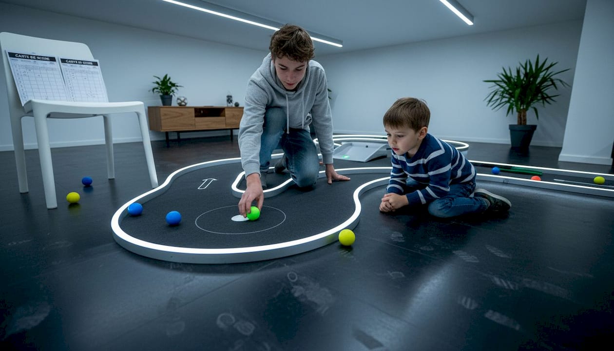 Des enfants découvrent le mini-golf connecté en intérieur à Deauville