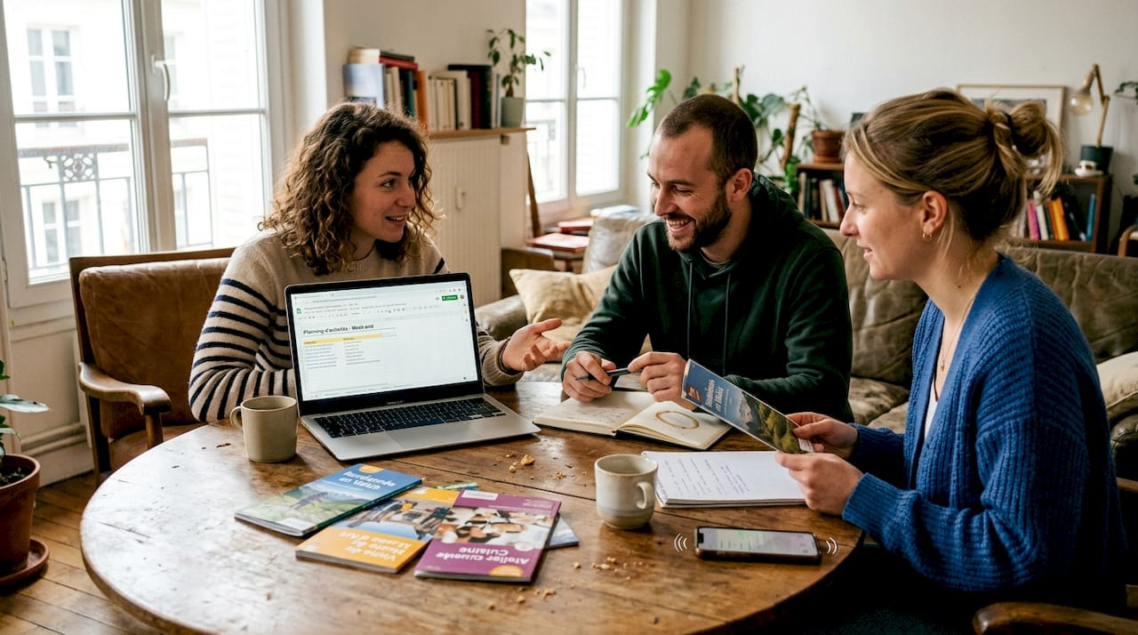 Des amis réunis autour d’une table, en train de discuter et d’organiser leurs prochaines sorties.