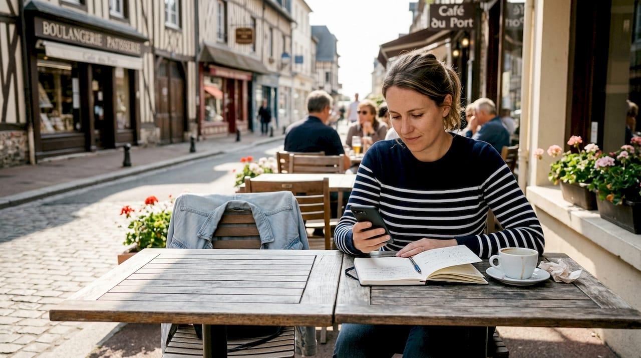 Une femme organise ses activités de loisirs à Deauville, confortablement installée à la terrasse d’un café.