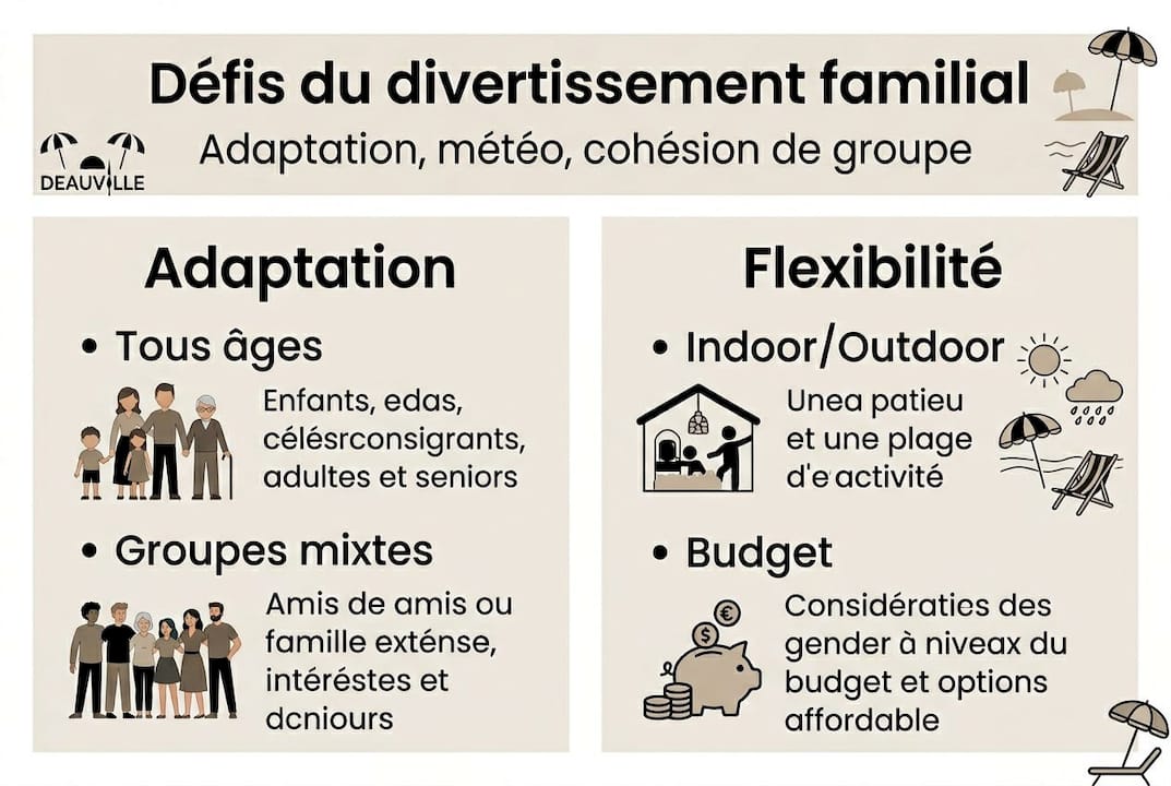 Découvrez en un clin d'œil les principaux défis à relever pour organiser des activités ludiques en famille à Deauville grâce à notre infographie dédiée.