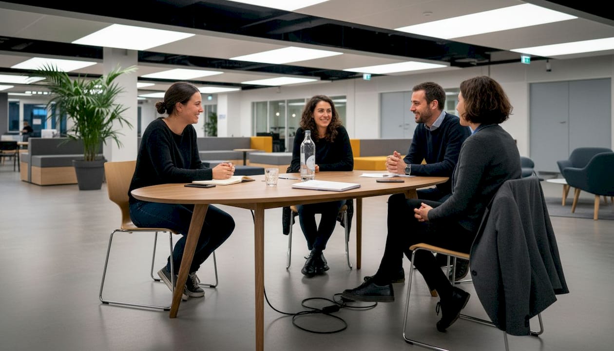 Un groupe échange dans une salle polyvalente à Deauville.