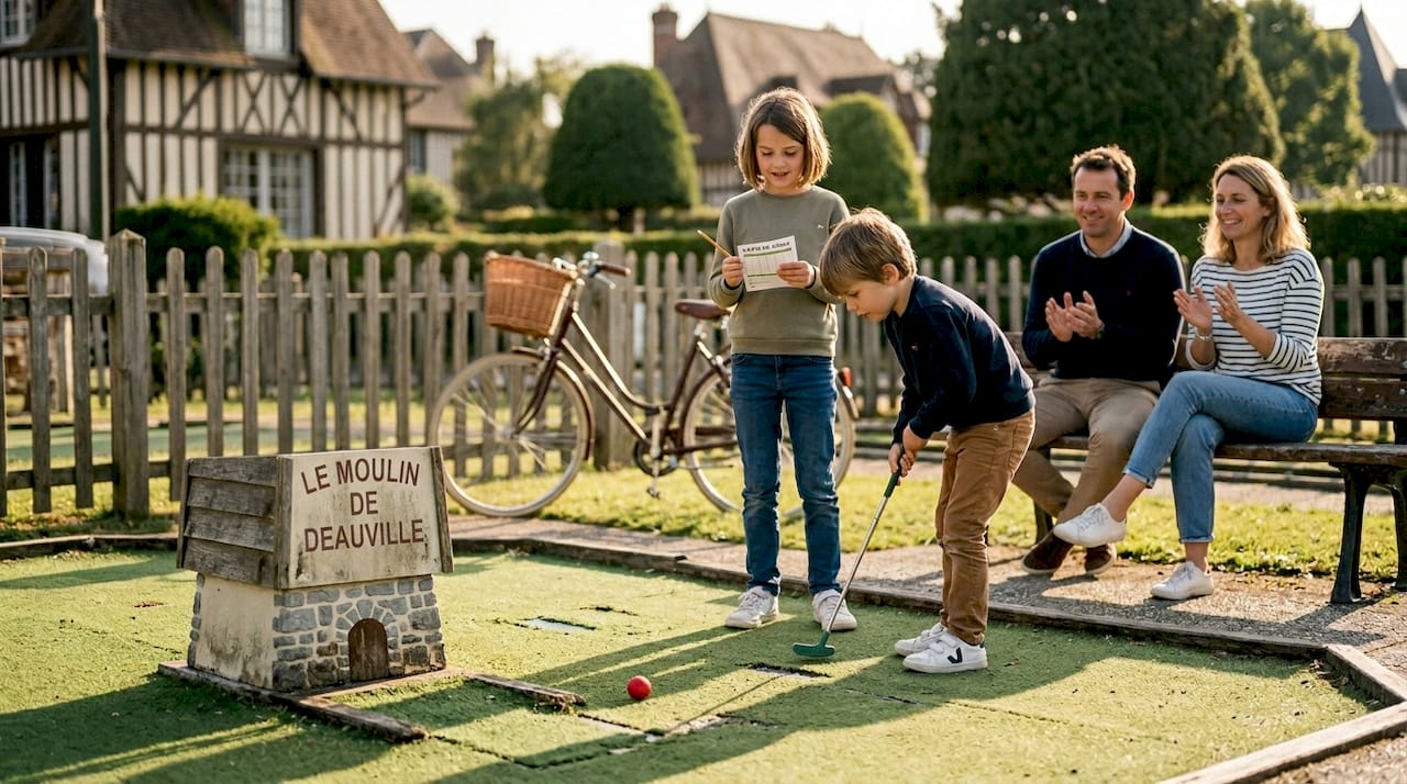 Des enfants qui s’amusent au mini-golf en famille à Deauville, c’est le parfait moment de complicité et de rires partagés lors d’un après-midi en bord de mer.