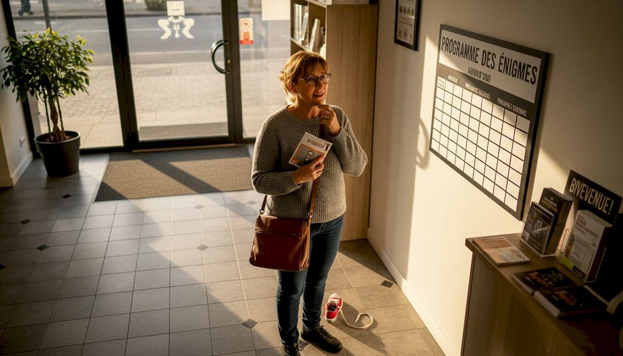 Un visiteur consulte les horaires des prochaines sessions dans le hall d'accueil de l'escape game.