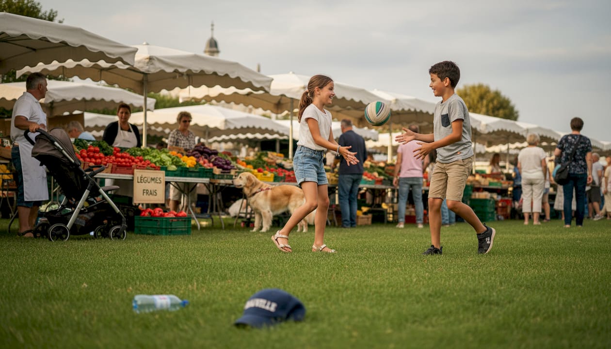 Des enfants s’amusent aux abords d’un marché animé, profitant de l’ambiance colorée des étals.