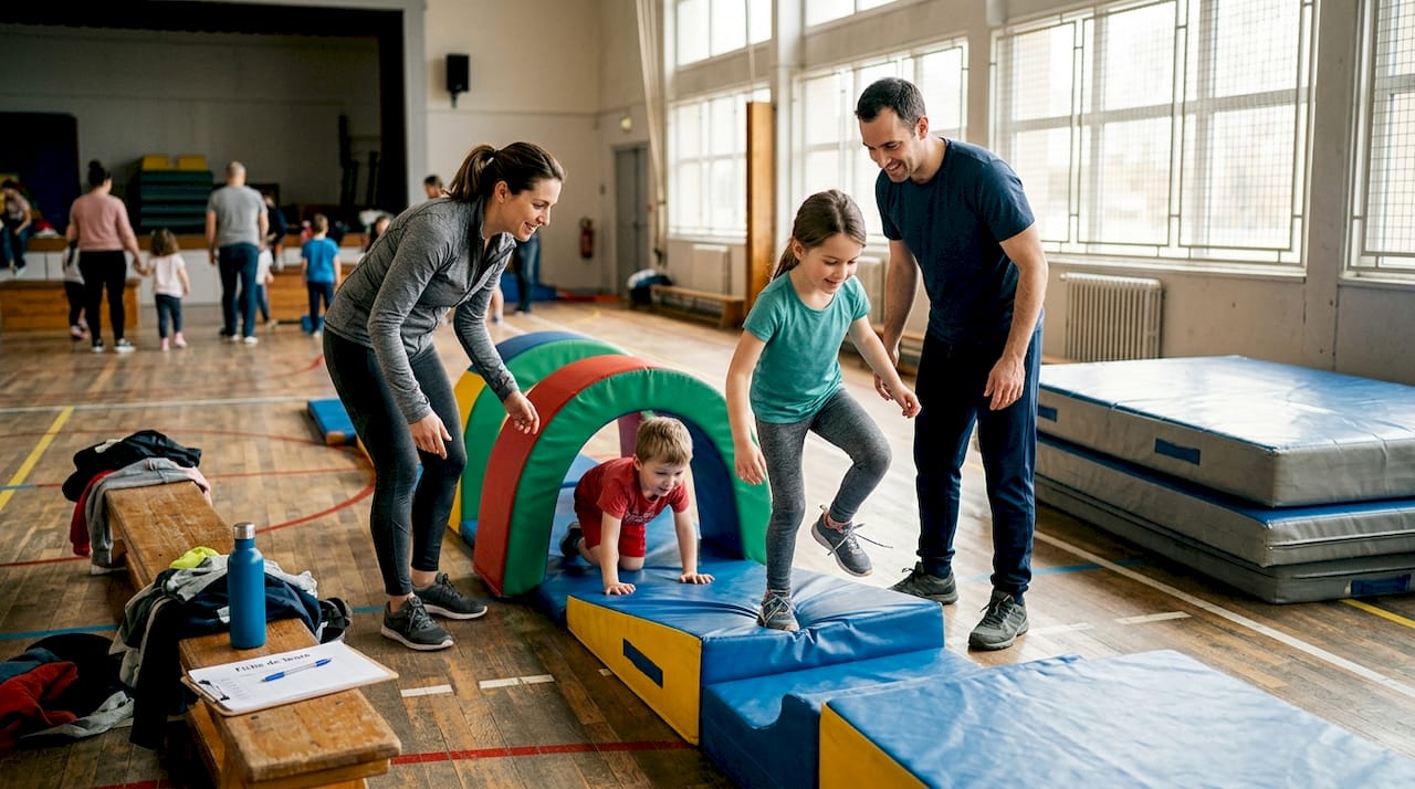 Une famille relève ensemble le défi d’un jeu d’action en équipe