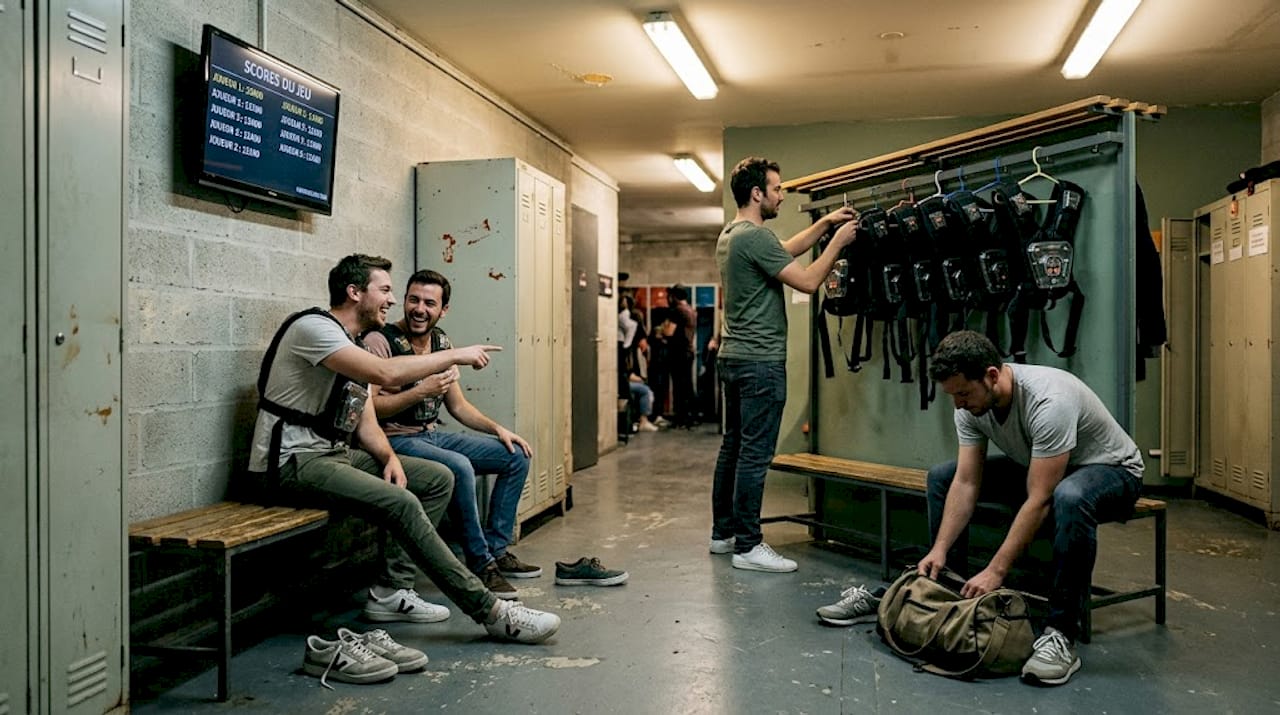 Après la partie de laser game, les copains refont le match et échangent leurs impressions dans une ambiance détendue.
