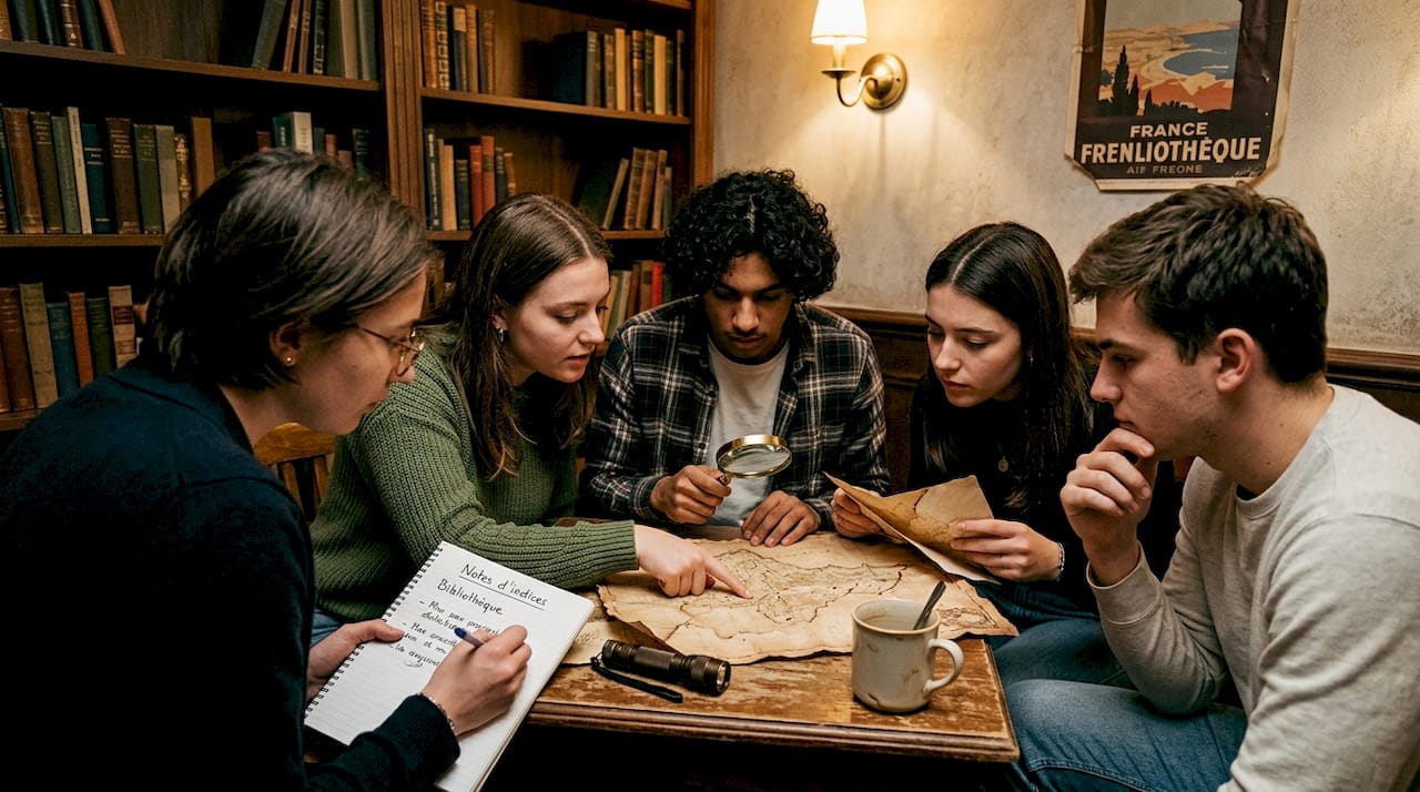 Des étudiants en pleine réflexion, fouillant la pièce à la recherche d’indices pour avancer dans leur escape game.