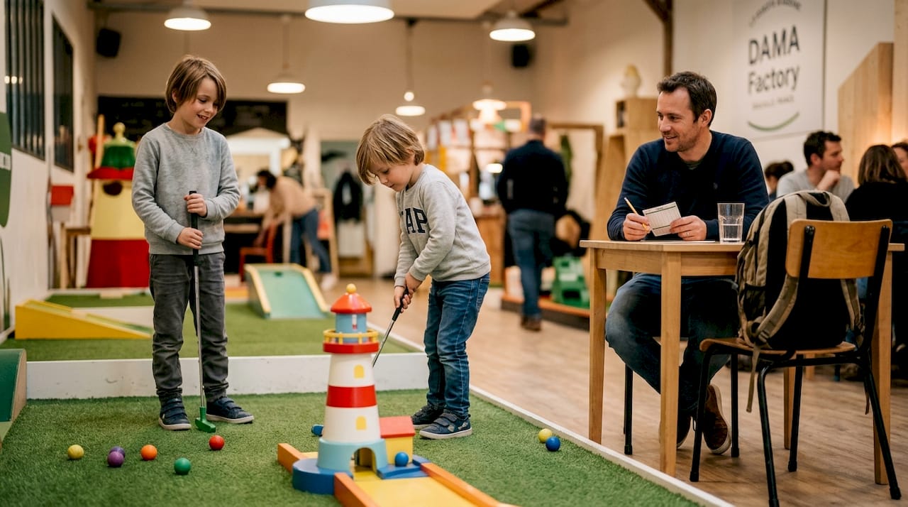 Des enfants s’amusent en jouant au mini-golf interactif à l’intérieur, profitant d’un parcours ludique et innovant dans une ambiance conviviale.