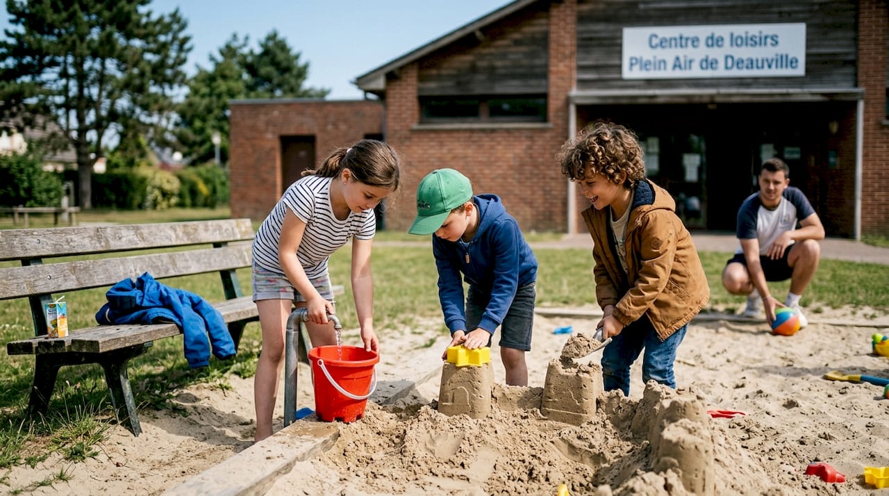 Des enfants s’amusent à bâtir un château de sable sur la plage de Deauville.