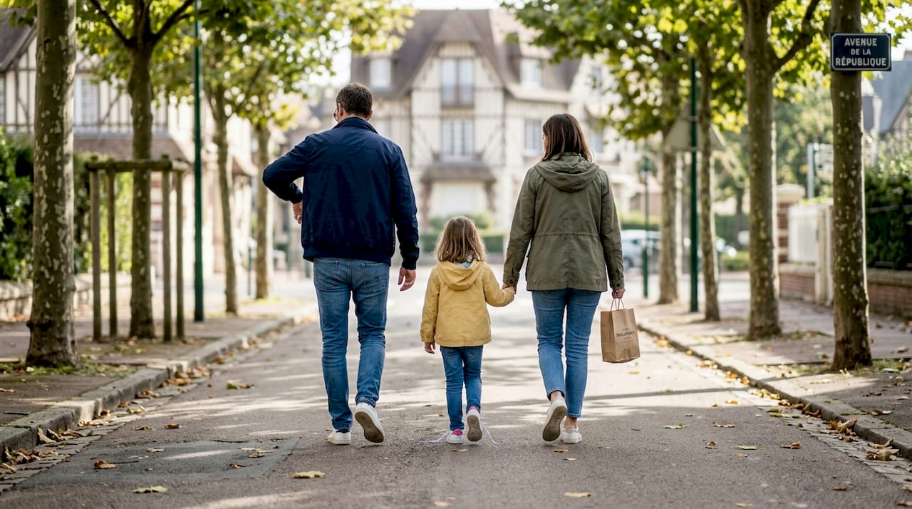 Une famille flâne tranquillement sur les planches de Deauville, profitant de la douceur d’un matin en bord de mer.