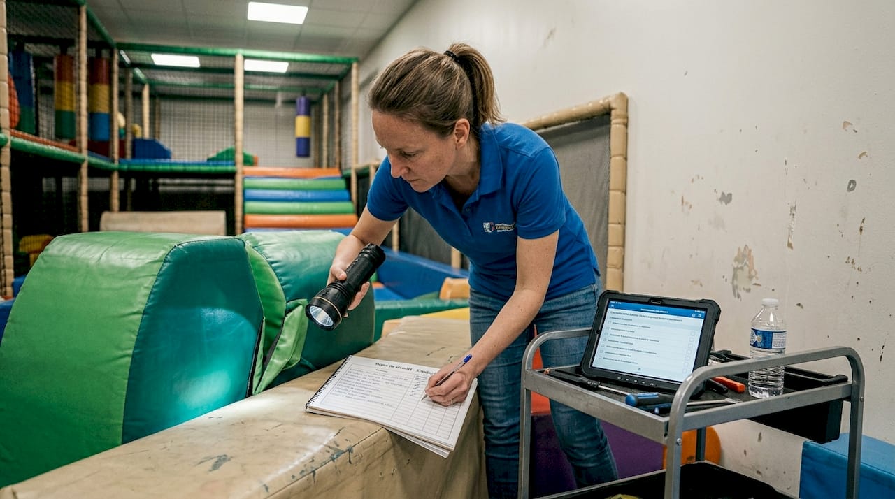 Une technicienne procède à l’inspection d’une aire de jeux intérieure.