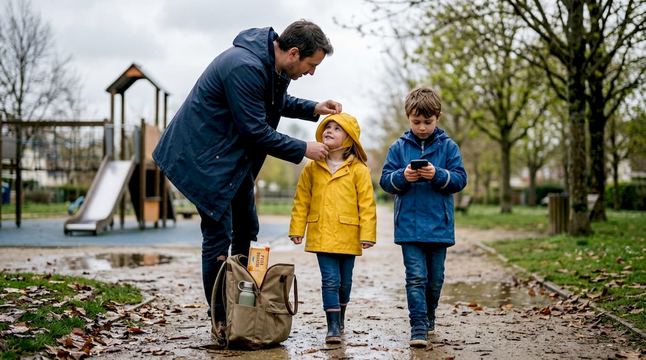 Même sous un ciel gris, cette famille décide de profiter d'une sortie au parc en s'adaptant à la météo.