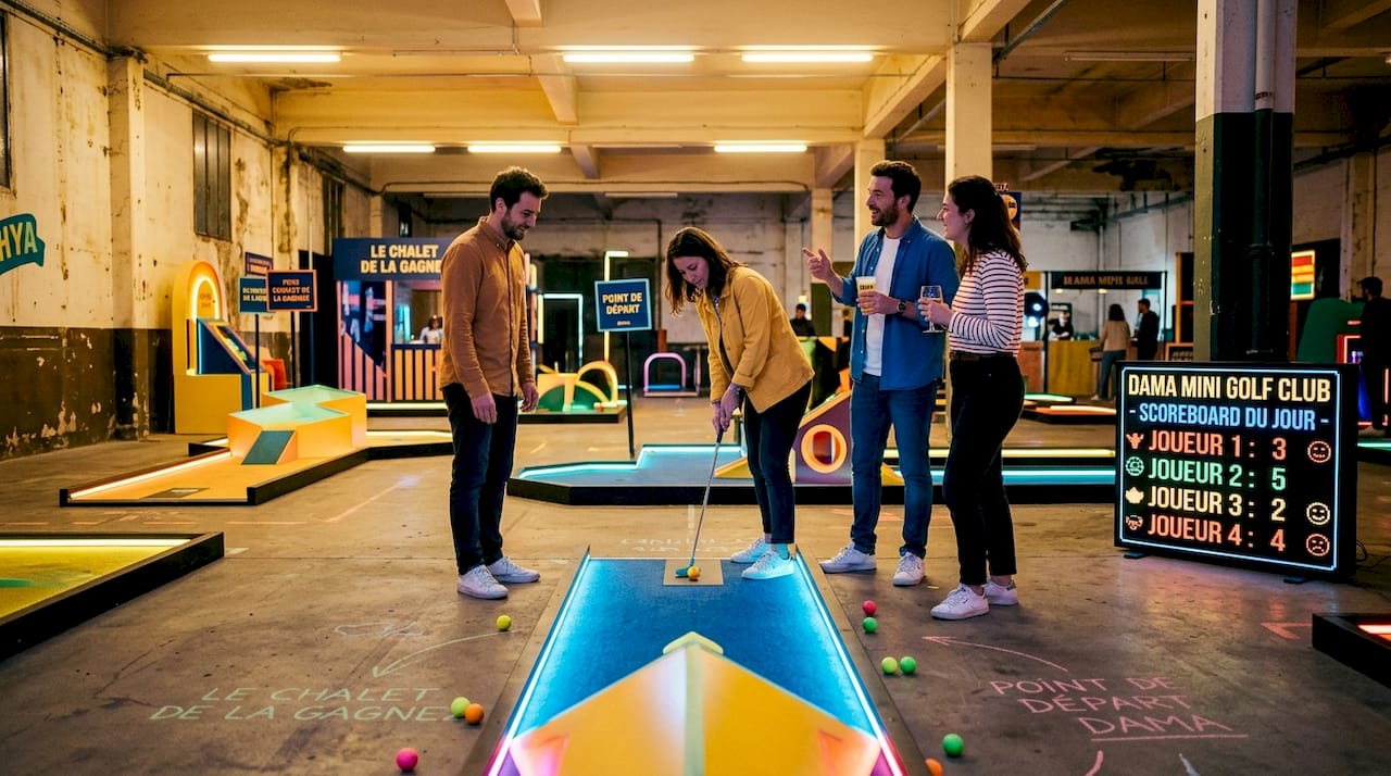 Un groupe d'amis s'amuse lors d'une partie de mini-golf en intérieur à Deauville.