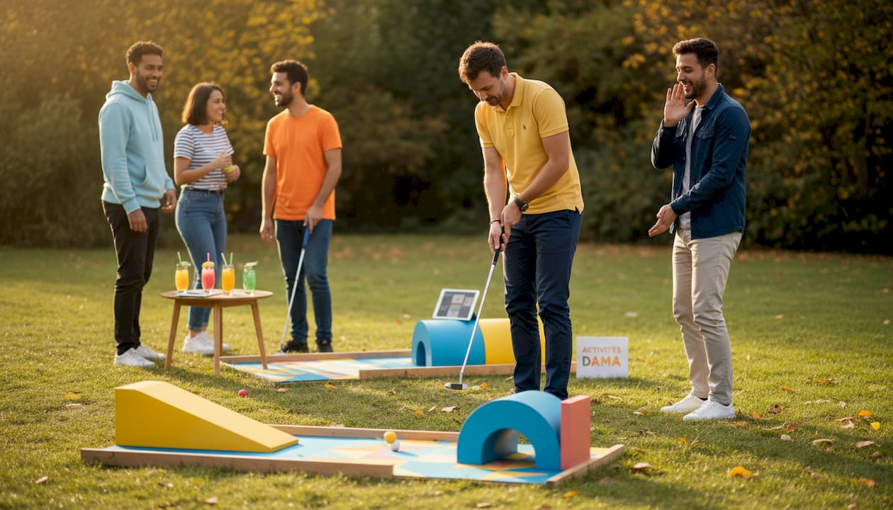 Un groupe d’amis profite d’une partie de mini-golf à Deauville, tous équipés et prêts à s’amuser.