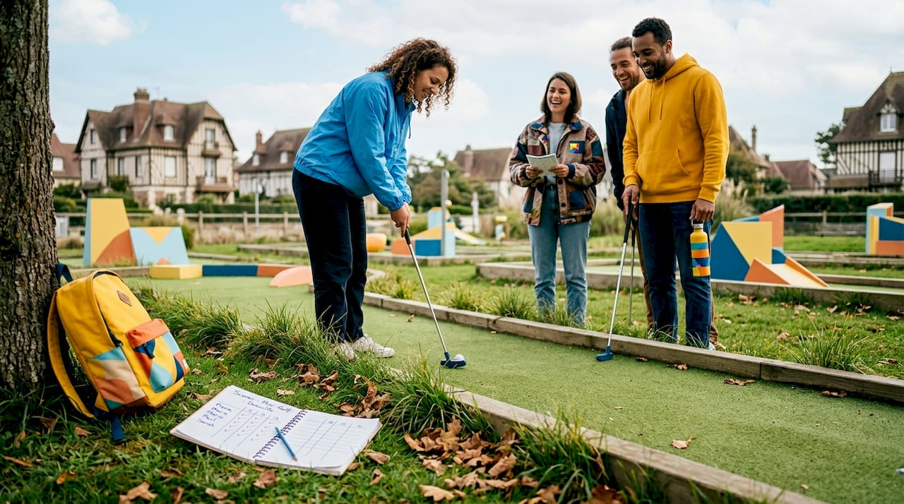 Des amis profitent d’une partie de mini-golf en plein air.