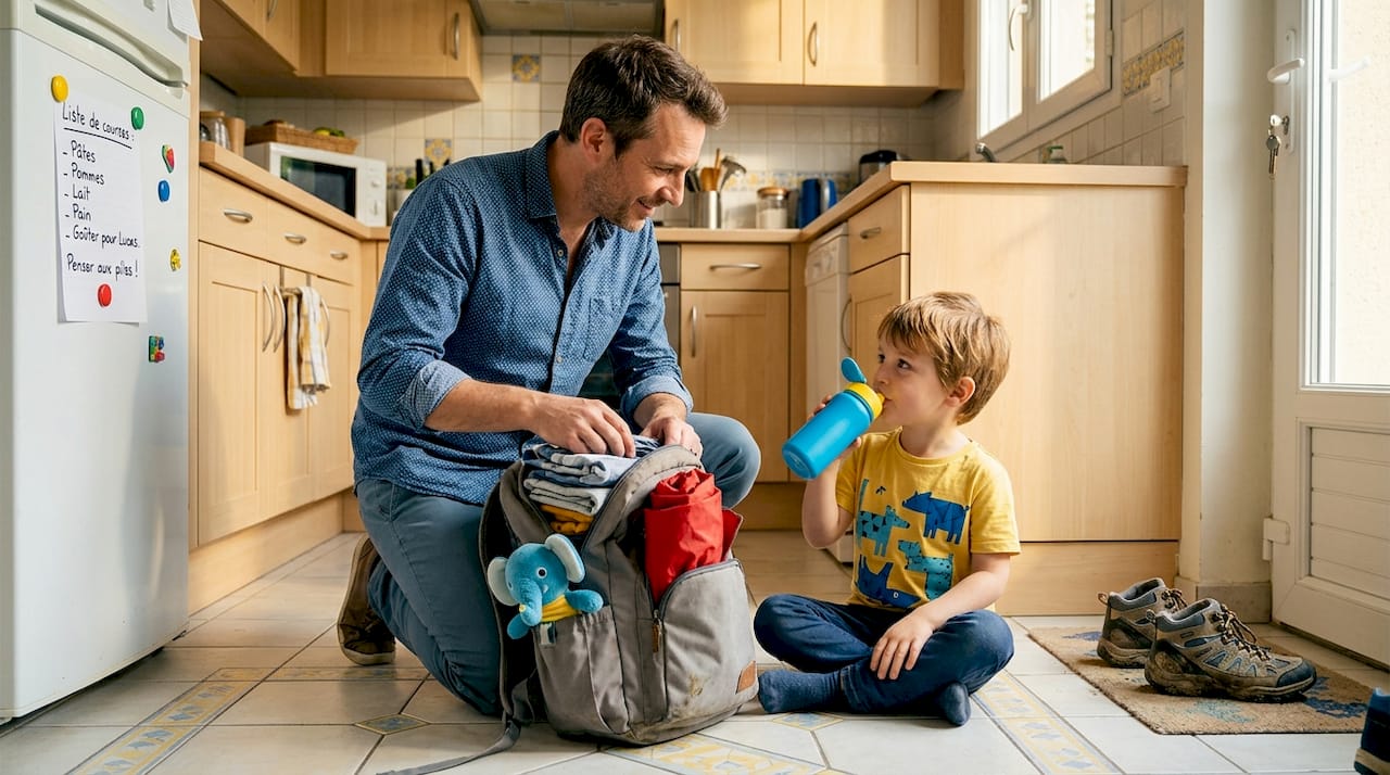 Un parent en train de préparer le cartable avec son enfant