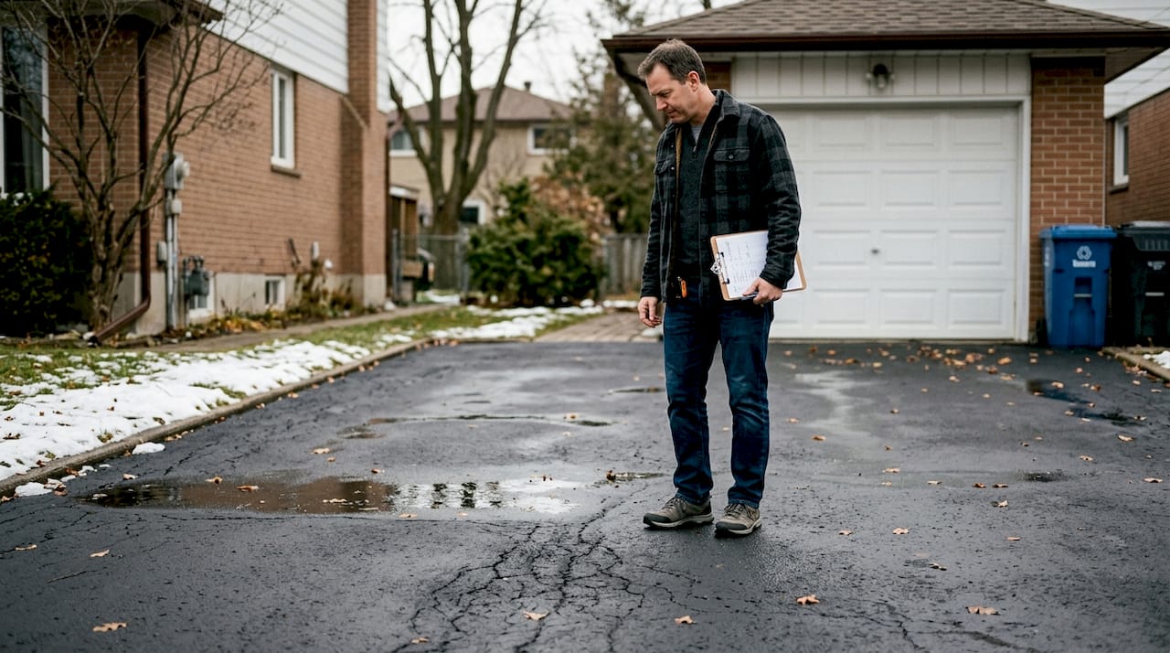Homeowner inspects sealed Toronto driveway