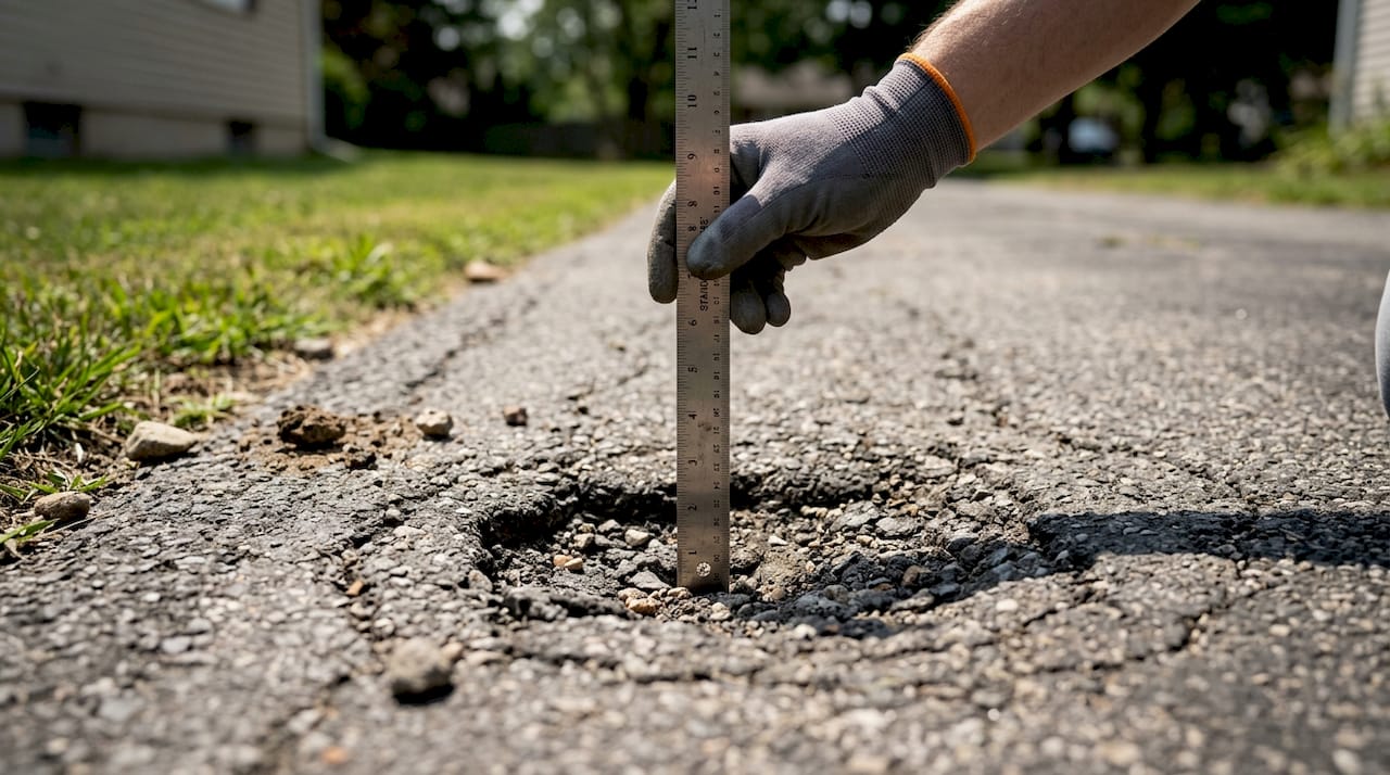 Hand measuring depth of driveway pothole