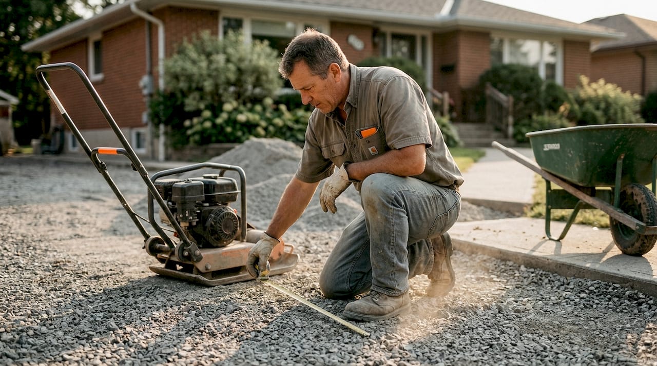 Contractor measuring asphalt driveway base depth