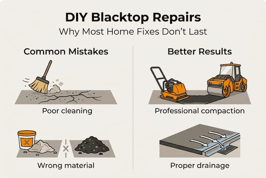 Infographic showing DIY blacktop repair mistakes and solutions