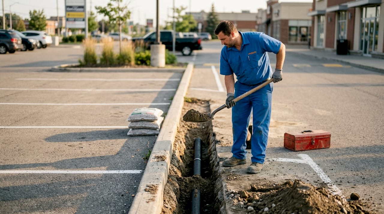 Worker installing French drain next to asphalt