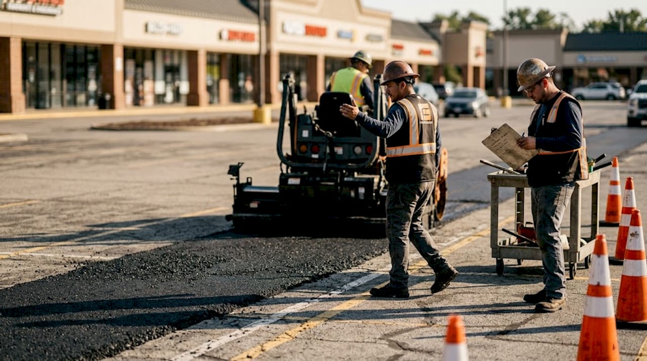 Crew resurfacing asphalt in commercial lot