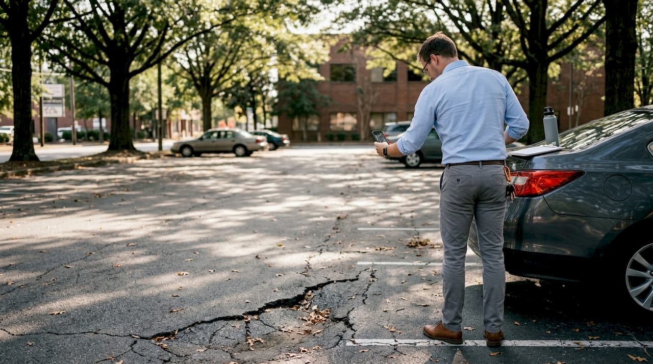 Manager inspecting cracks in asphalt pavement