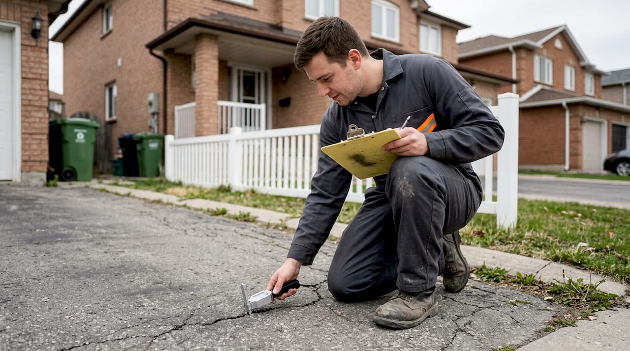Technician measuring driveway crack width on site