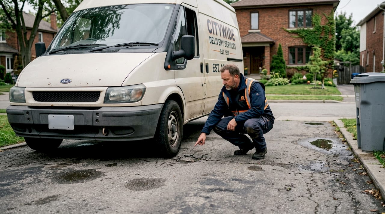 Van on driveway showing asphalt wear spots
