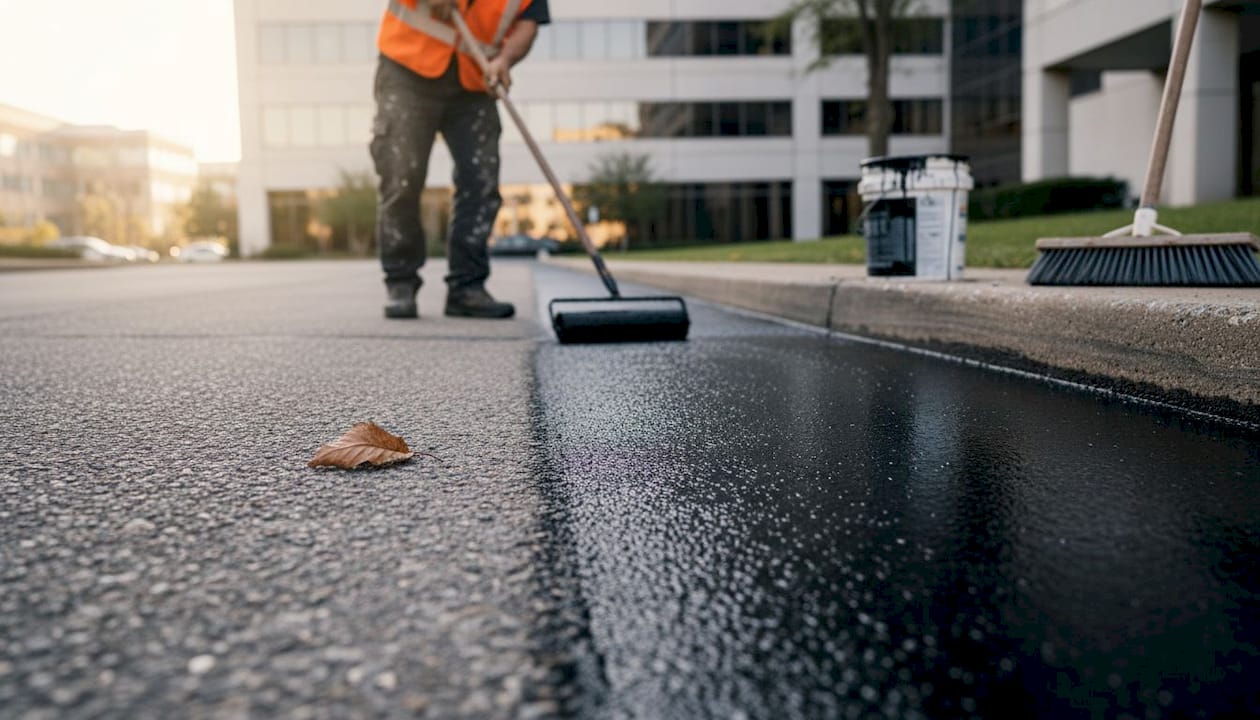 Sealcoating applied to worn office driveway
