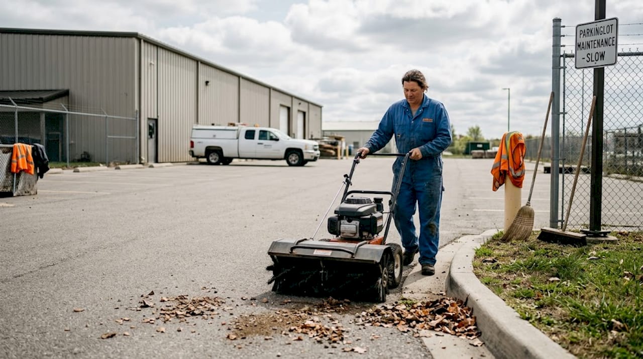 Worker cleaning parking lot surface before sealing