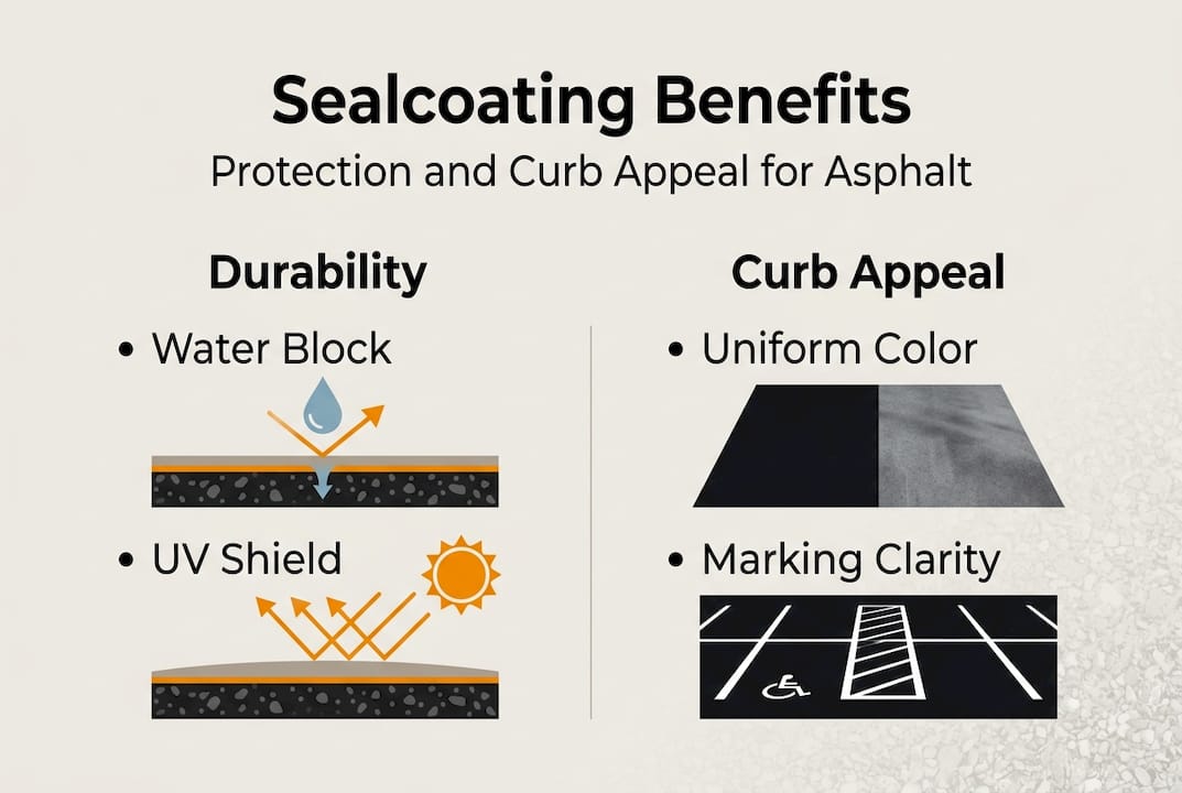 Infographic showing sealcoating benefits for parking lots