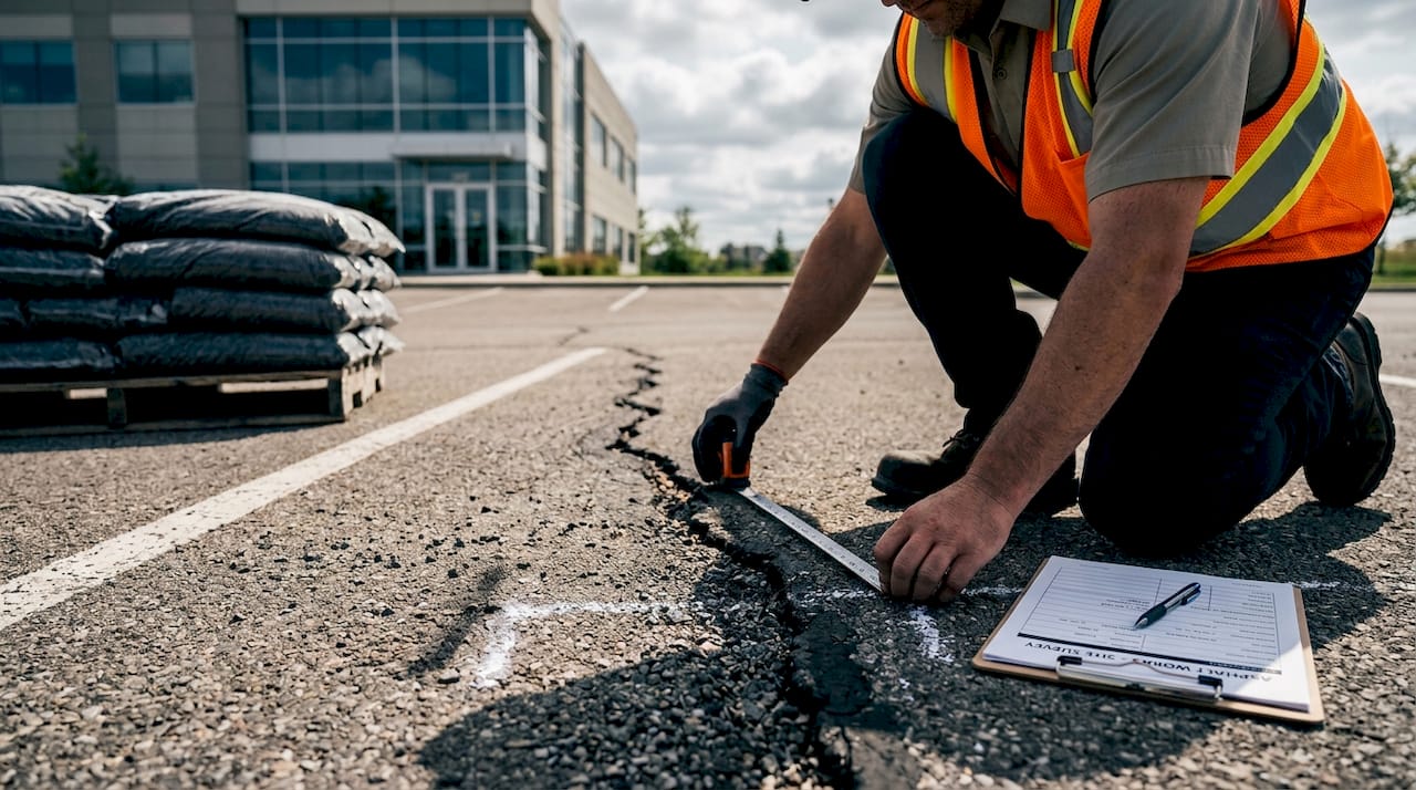 Worker measuring crack in parking lot