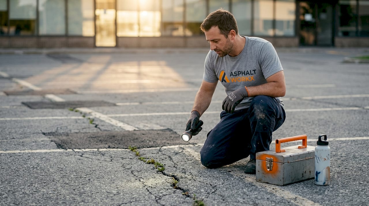Contractor inspecting cracks in commercial asphalt