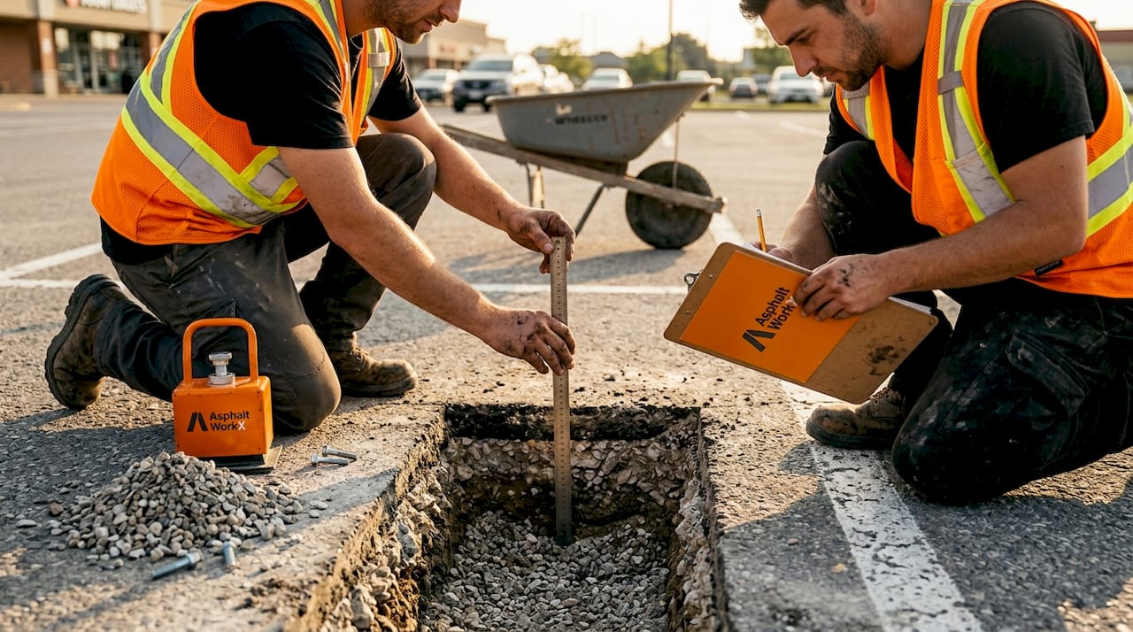 Workers measure parking lot base thickness
