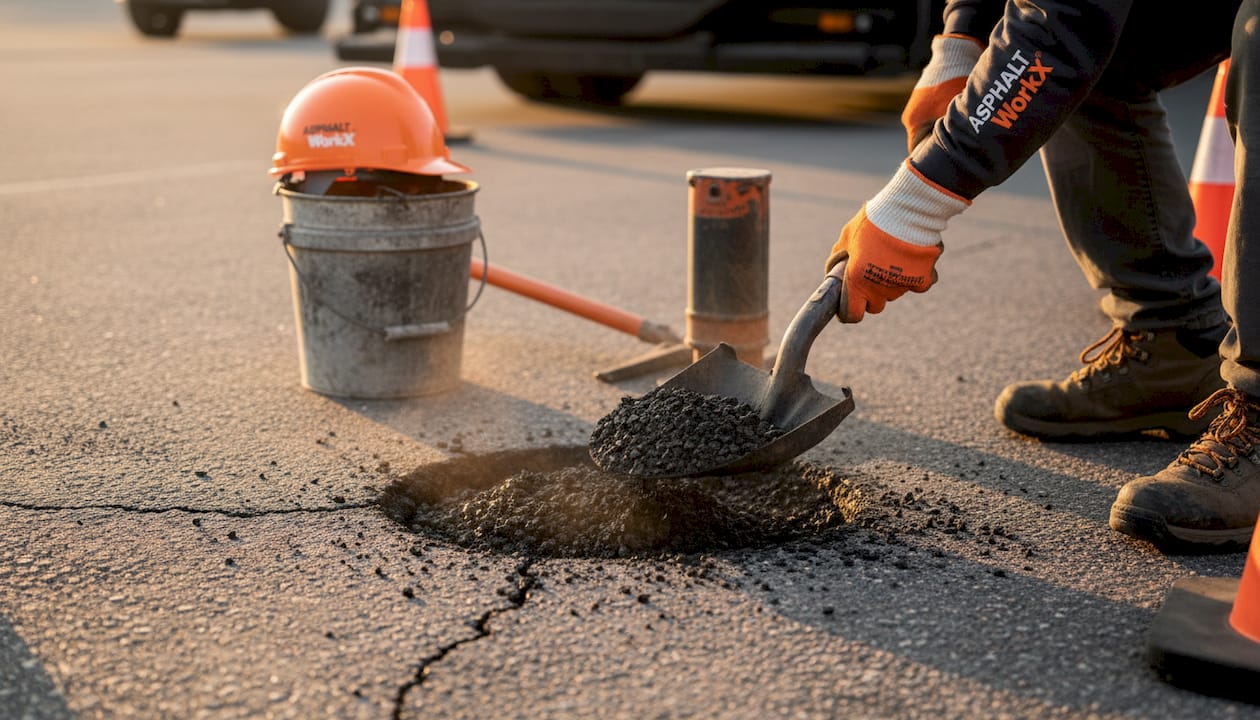 Close-up of asphalt pothole being repaired