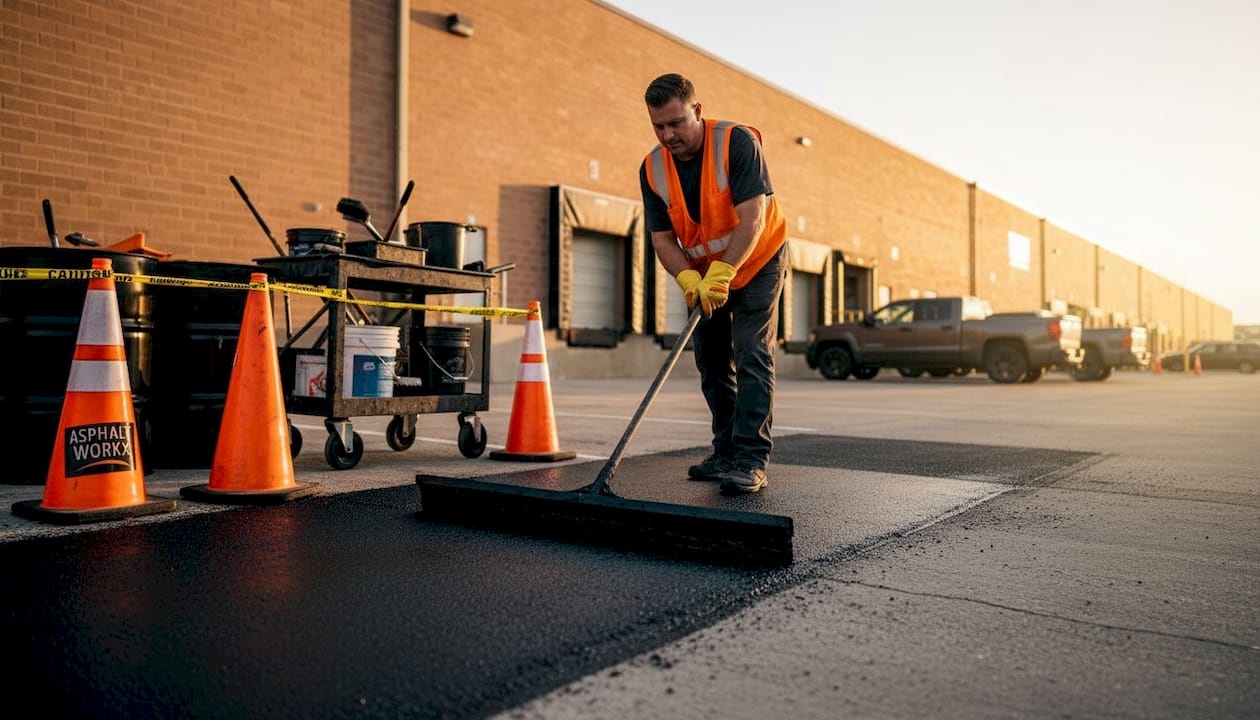 Technician applying sealcoat to asphalt