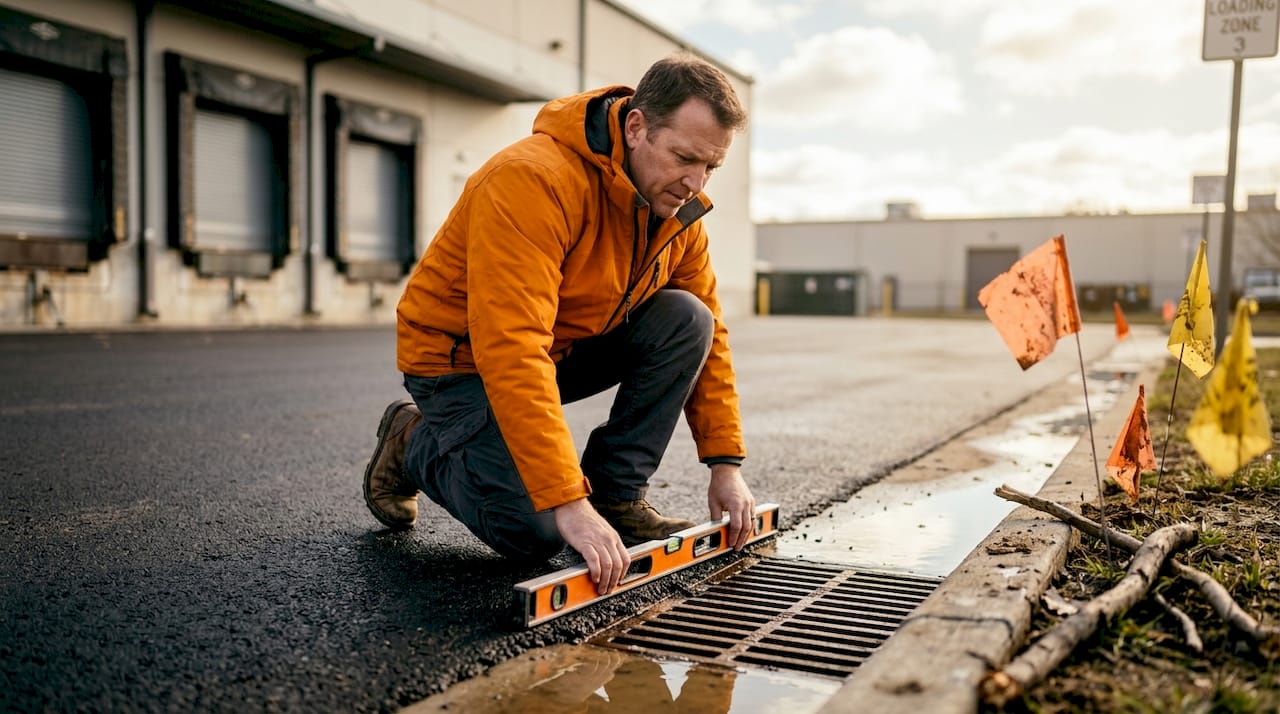 Foreman checking drainage near warehouse asphalt