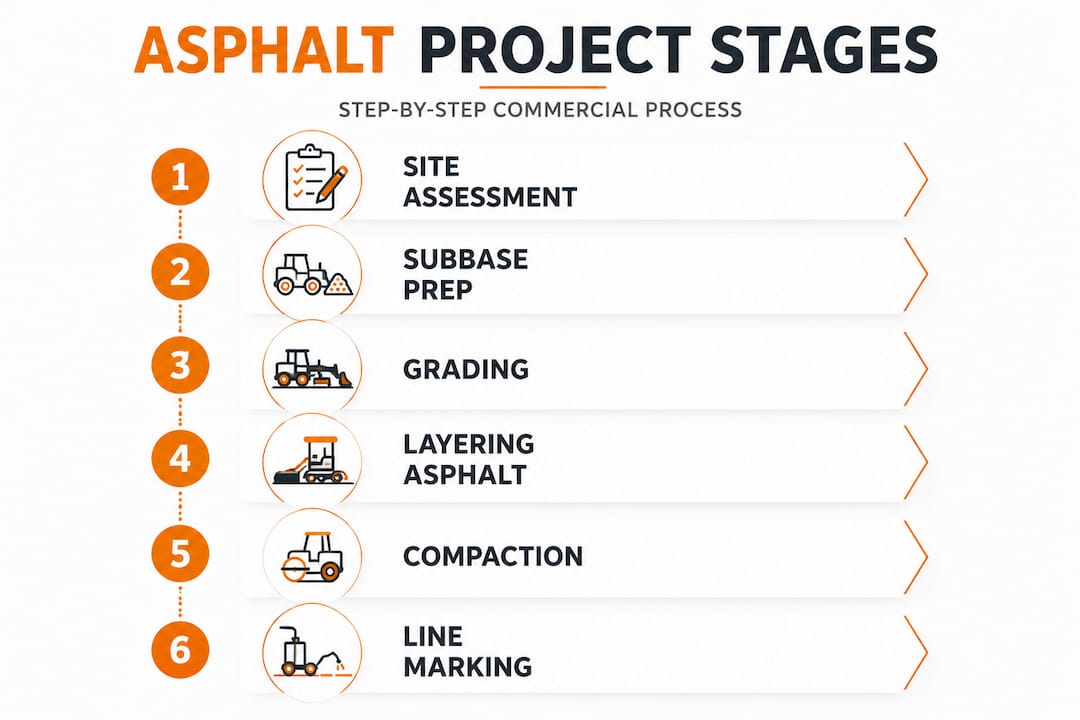 Infographic with six steps of asphalt project process