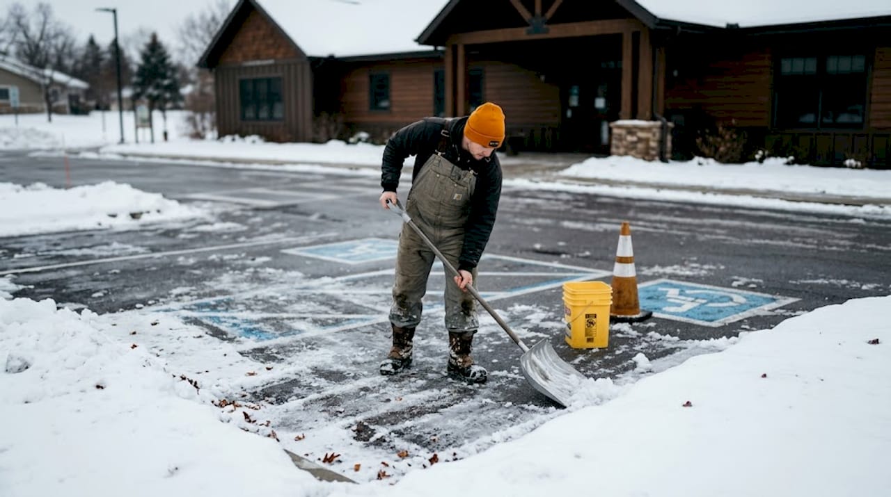 Worker clearing snow from accessible parking spot